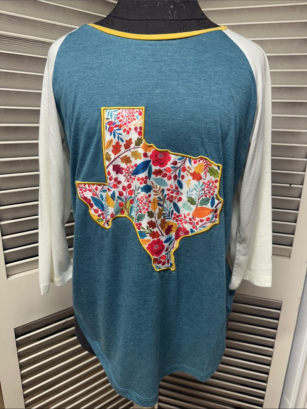 Southern Grace Teal & White Raglan with Floral Texas Appliqué